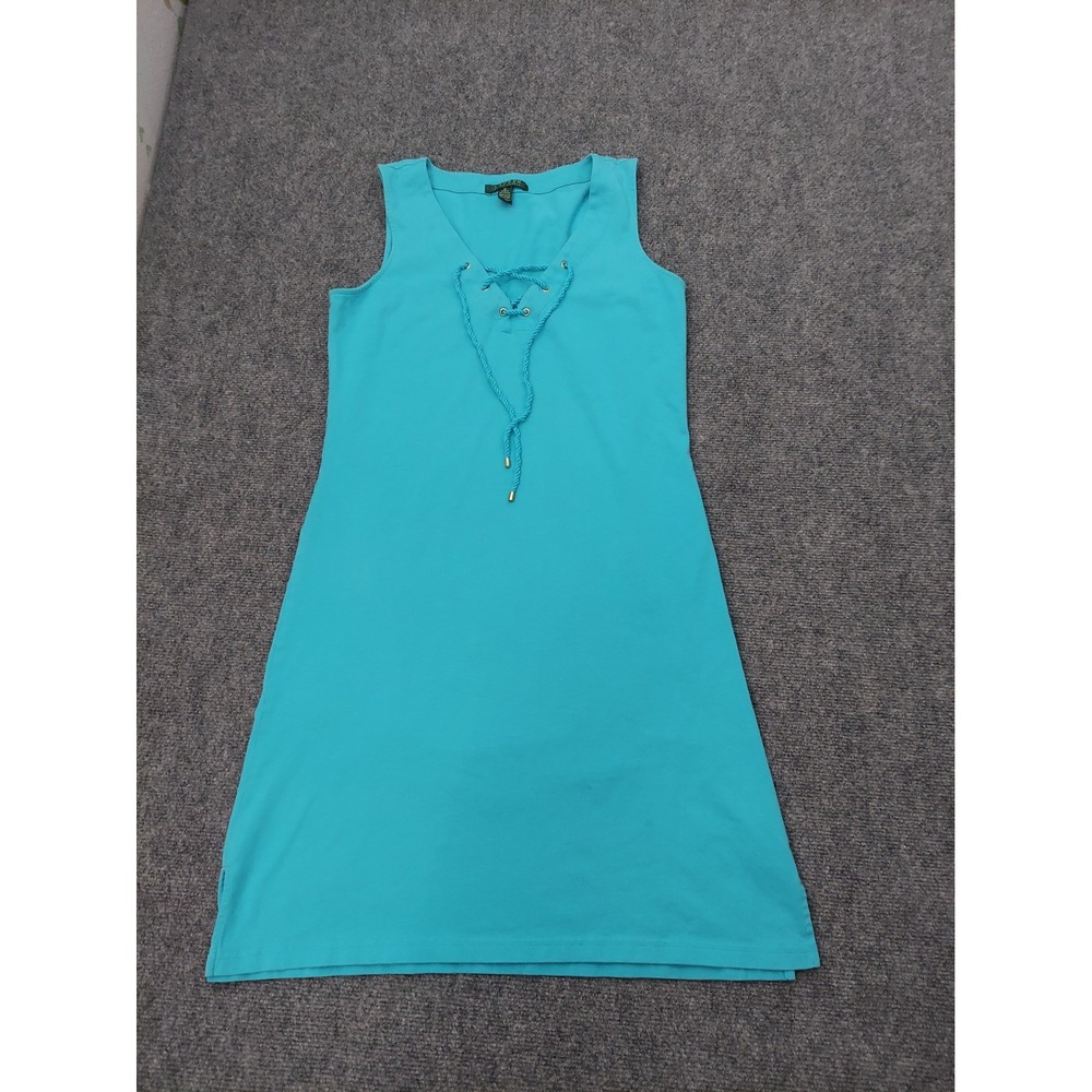 LRL RALPH LAUREN Dress Womens Medium Aqua Blue Tank Midi Lace Up Sleeveless Soft